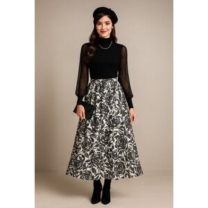 Point of View Skirt Womens M Black White Floral Chiffon Mod Whimsigoth Statement